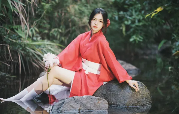 Rock, Beautiful, Asian, Model, Flower, Water, Woman, Pond
