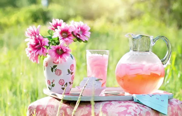 Картинка ваза, Цветы, букет, природа, напиток, лимонад, пирожное, лето