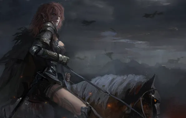 Картинка небо, взгляд, девушка, знак, дракон, лошадь, рисунок, доспехи