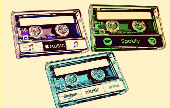 Music, digital art, white background, cassette, spotify, amazon prime