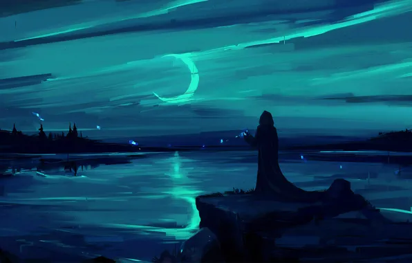 Картинка moon, fantasy, magic, landscape, night, figure, lake, man