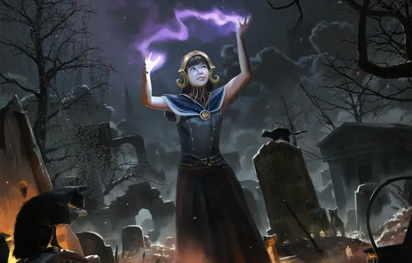 Woman, cemetery, necromancer