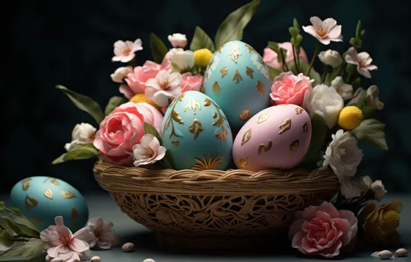 Цветы, праздник, яркие, яйца, весна, голубые, Пасха, гнездо