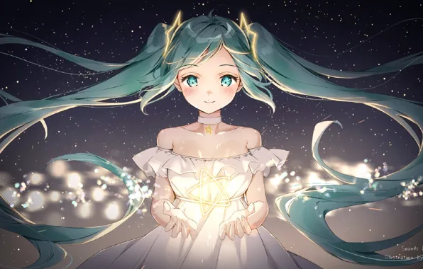 Сияние, руки, vocaloid, Hatsune Miku, белое платье, вокалоид, голубые волосы, боке