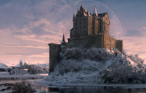 Картинка снег, замок, птица, водоем, Winter Castle