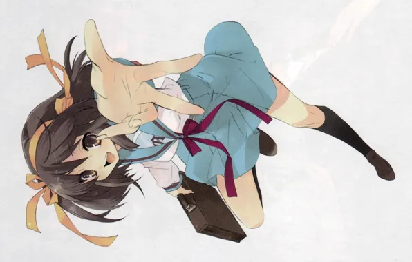 Радость, гольфы, портфель, бант, жест, школьная форма, матроска, Haruhi Suzumiya