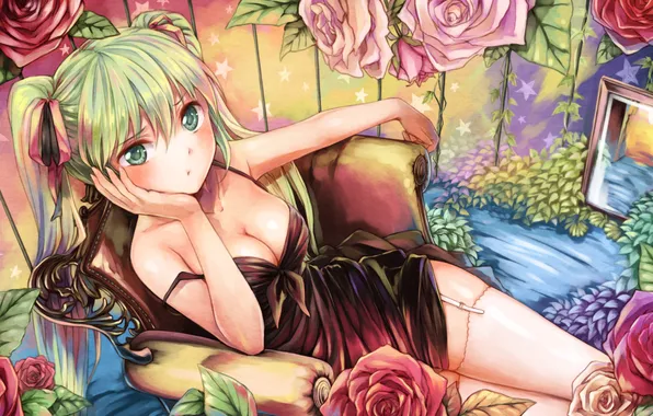 Девушка, цветы, розы, кресло, чулки, стул, vocaloid, hatsune miku