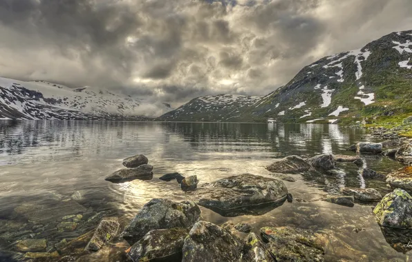 Картинка пейзаж, природа, озеро, камни, HDR, Норвегия