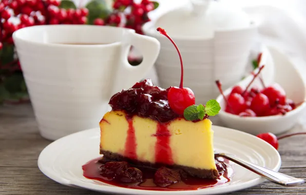 Вишенка, мята, соус, cherry, mint, sauce, A slice of cheese cake with cherry sauce, Ломтик …