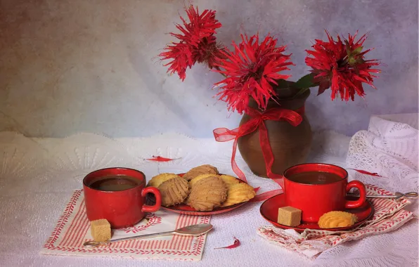Картинка цветы, красный, стиль, чай, цвет, текстура, печенье, чашки
