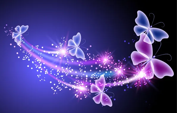 Бабочки, abstract, blue, pink, glow, neon, sparkle, butterflies