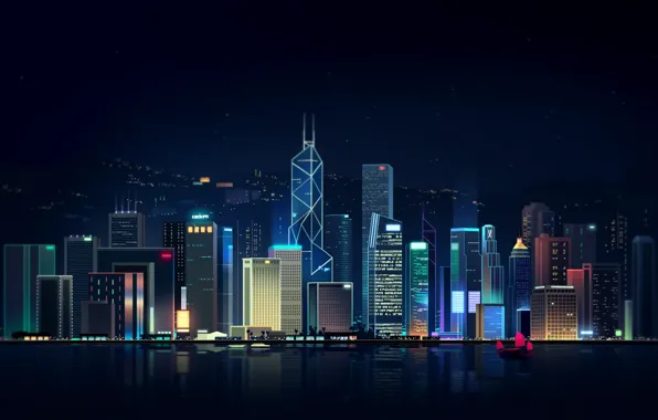 Картинка Отражение, Море, Гонконг, Ночь, Вектор, Город, Неон, Корабль