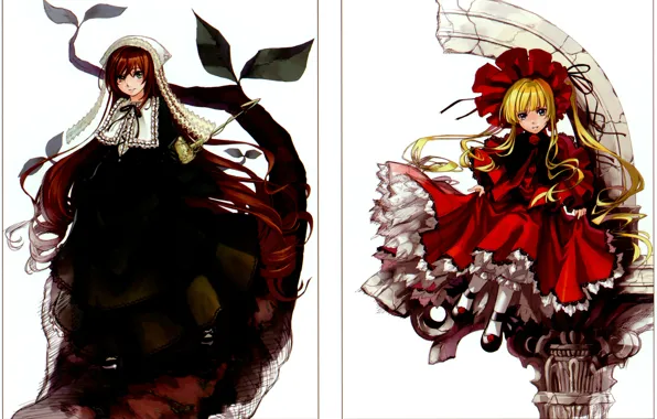 Белый фон, чепчик, rozen maiden, оборки, разные глаза, shinku, капор, suiseiseki