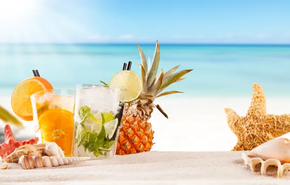 Картинка море, пляж, коктейль, summer, фрукты, beach, fresh, sea