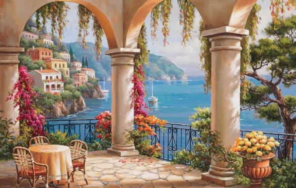 Цветы, картина, колонны, живопись, sea, терраса, painting, Sung Kim
