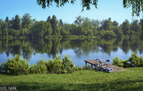 Велосипед, растительность, мостик, водоём, amsterdamse park