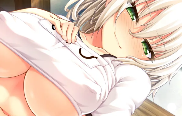 Girl, sexy, cleavage, blouse, erect nipples, green eyes, boobs, anime