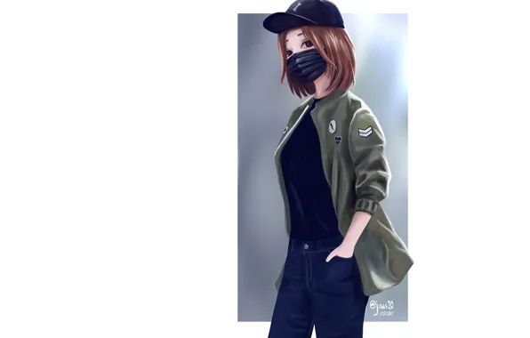 Картинка девушка, джинсы, куртка, белый фон, бейсболка, медицинская маска, by dante rh