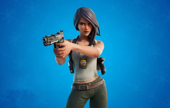Девушка, снежинки, пистолет, фон, Fortnite