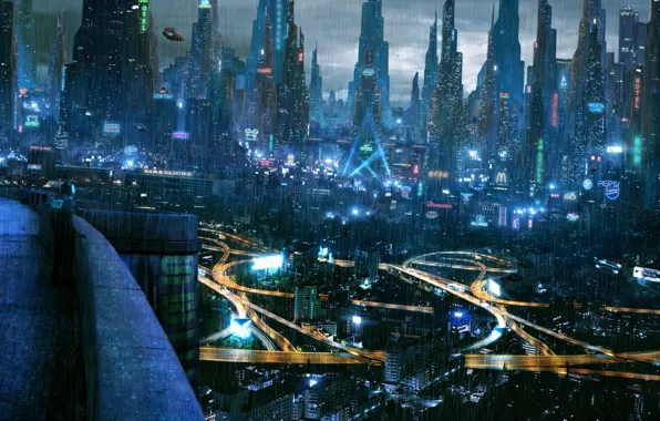 Картинка город, огни, будущее, киберпанк