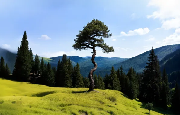 Лес, деревья, горы, природа, сосны, горный пейзаж, пейхаж, ии арт
