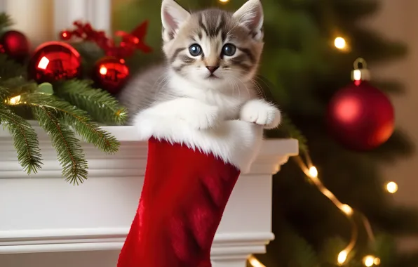 Кошка, взгляд, шарики, ветки, огни, поза, котенок, подарок