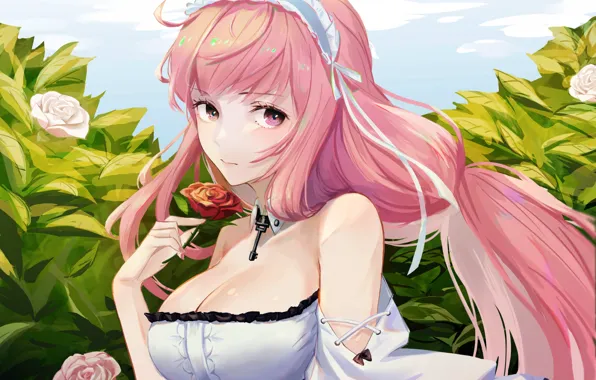 Girl, sexy, cleavage, blouse, pink hair, long hair, boobs, anime