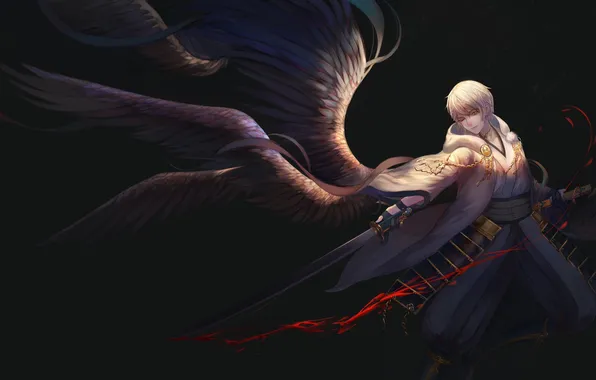 Картинка оружие, кровь, крылья, катана, аниме, арт, парень, yuuko