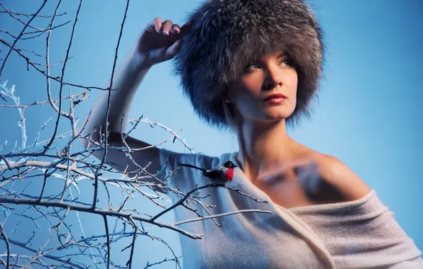 Картинка зима, взгляд, девушка, ветки, птица, шапка, fashion, снегирь
