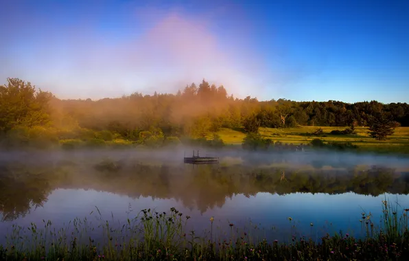 Картинка пейзаж, туман, река, утро