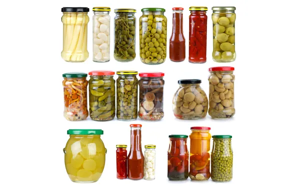 Грибы, горошек, лук, белый фон, перец, банки, овощи, помидоры