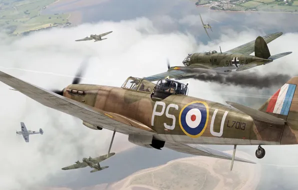 War, art, airplane, painting, aviation, ww2, Boulton Paul Defiant Mk.I
