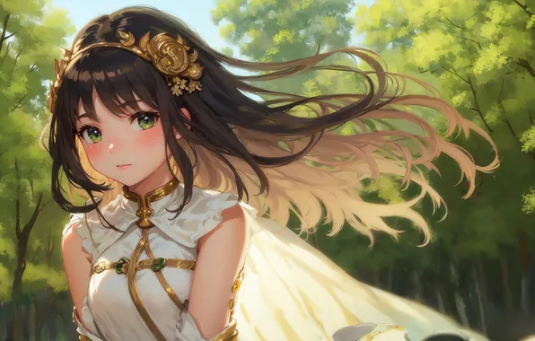Girl, green eyes, nature, anime, painting, digital art, fantasy art, white dress