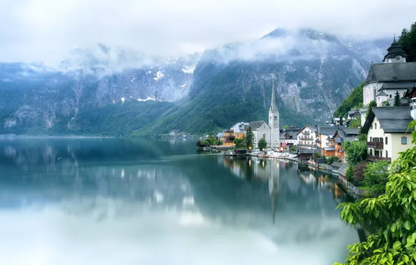 Картинка горы, озеро, здания, дома, Австрия, Альпы, Austria, Hallstatt