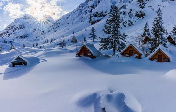 Картинка зима, снег, горы, ели, хижины, сугробы, домики, Болгария