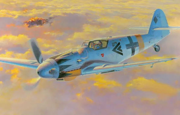 Рисунок, арт, Messerschmitt, Ме-109, люфтваффе, Bf.109, одномоторный поршневой истребитель-низкоплан