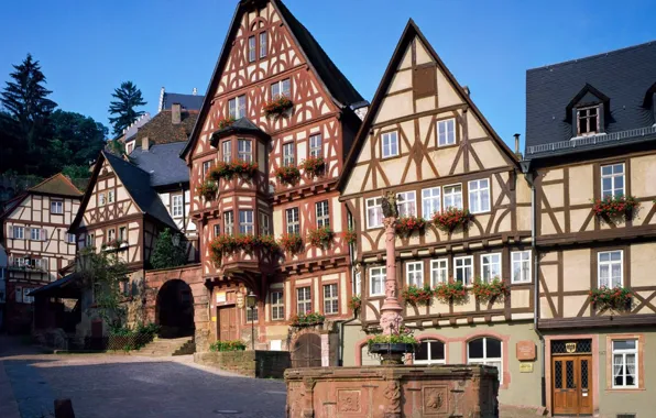 Картинка небо, цветы, улица, дома, фонтан