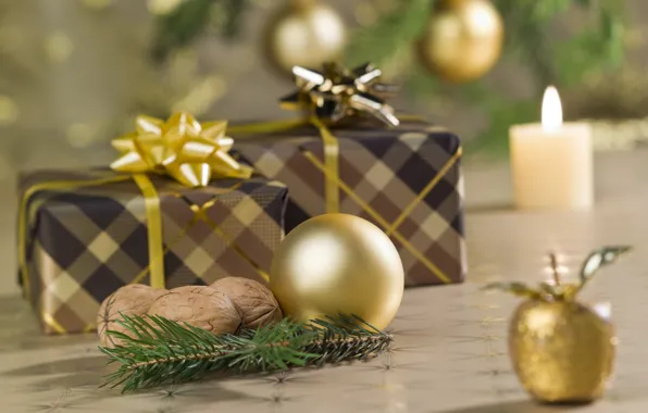 Ленты, праздник, новый год, ель, ветка, подарки, свечка, коробки