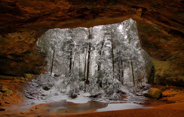 Зима, снег, деревья, скала, арка, США, Огайо, Винтон