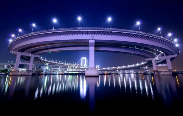 Картинка ночь, мост, огни, отражение, Япония, подсветка, Токио, фонари