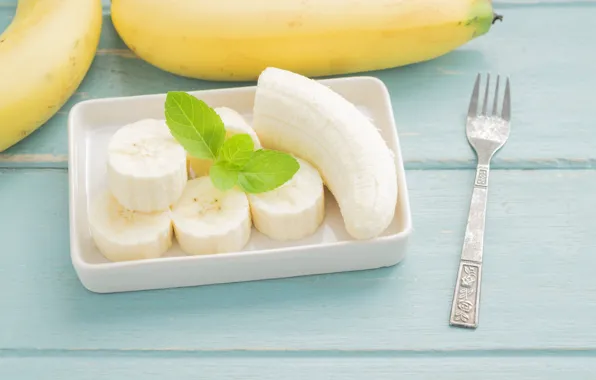 Кусочки, миска, банан, мята