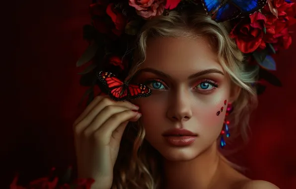 Взгляд, девушка, бабочки, цветы, розы, блондинка, голубые глаза, анфас