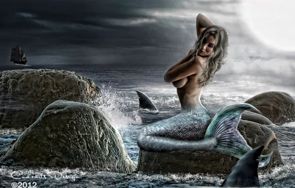 Море, небо, вода, девушка, тучи, лицо, камни, фантастика