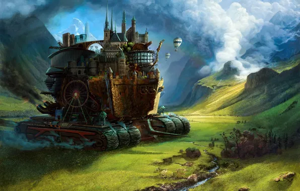 Картинка лес, горы, город, фантастика, арт, Mortal Engines, Хроники хищных городов