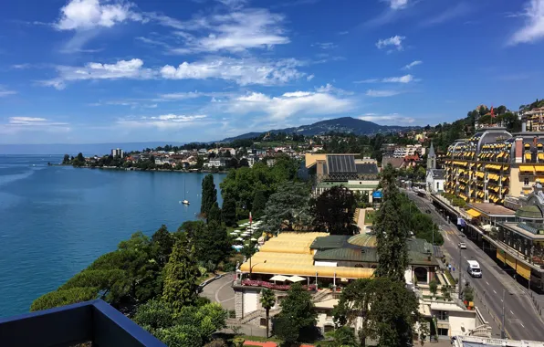 Горы, здания, Швейцария, набережная, Lake Geneva, Montreux