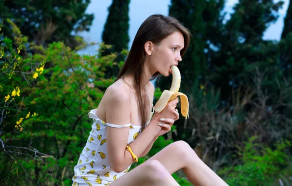 Forest, long hair, hot girl, trees, nature, model, banana, brunette