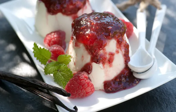 Картинка десерт, джем, dessert, berries, jam, raspberries, листики мяты, mint leaves