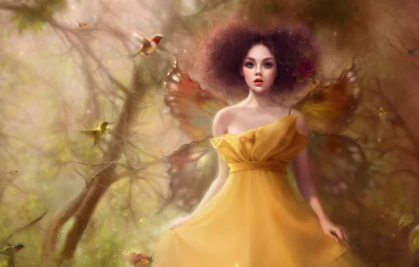Картинка девушка, птицы, крылья, fantasy, magic forest