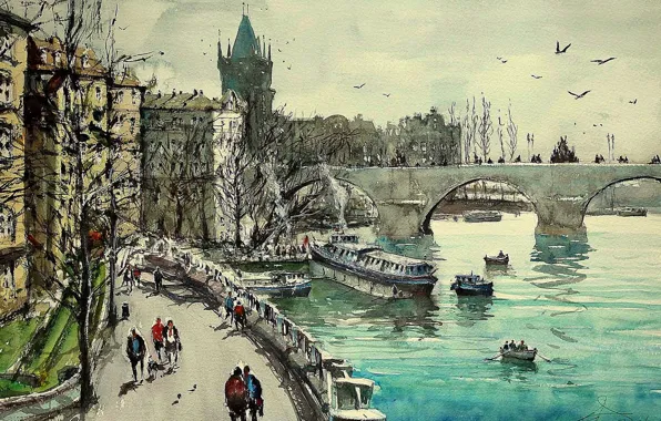Мост, башня, картина, Прага, акварель, городской пейзаж, Максимилиан Дамико
