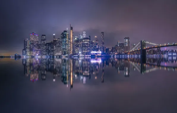 Картинка мост, пролив, отражение, река, здания, Нью-Йорк, Бруклинский мост, ночной город